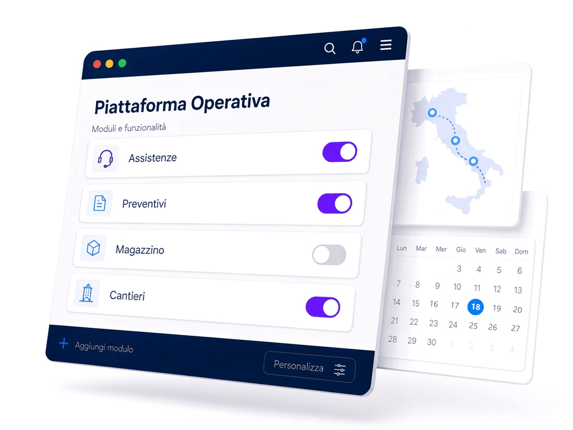 Catalogo moduli Elevops: assistenze, preventivi, magazzino e cantieri attivabili sul piano.